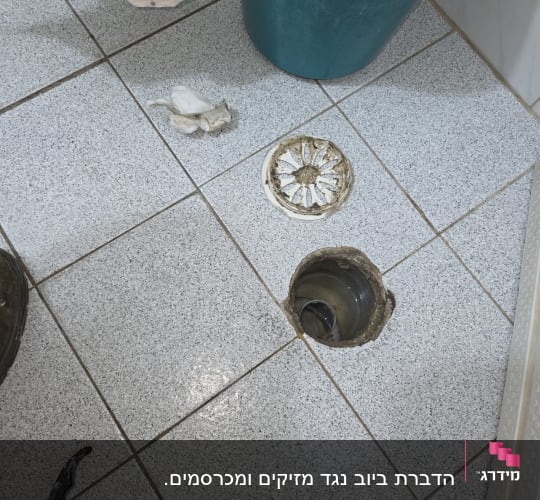 פתח ניקוז ברצפה עם מכסה פתוח וכלי עבודה